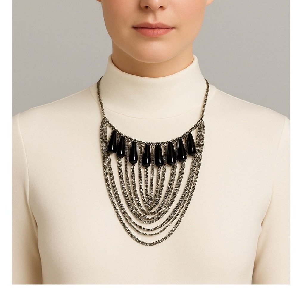 Black Teardrop Bead Multi-Layer Silver Chain Stat… - image 2